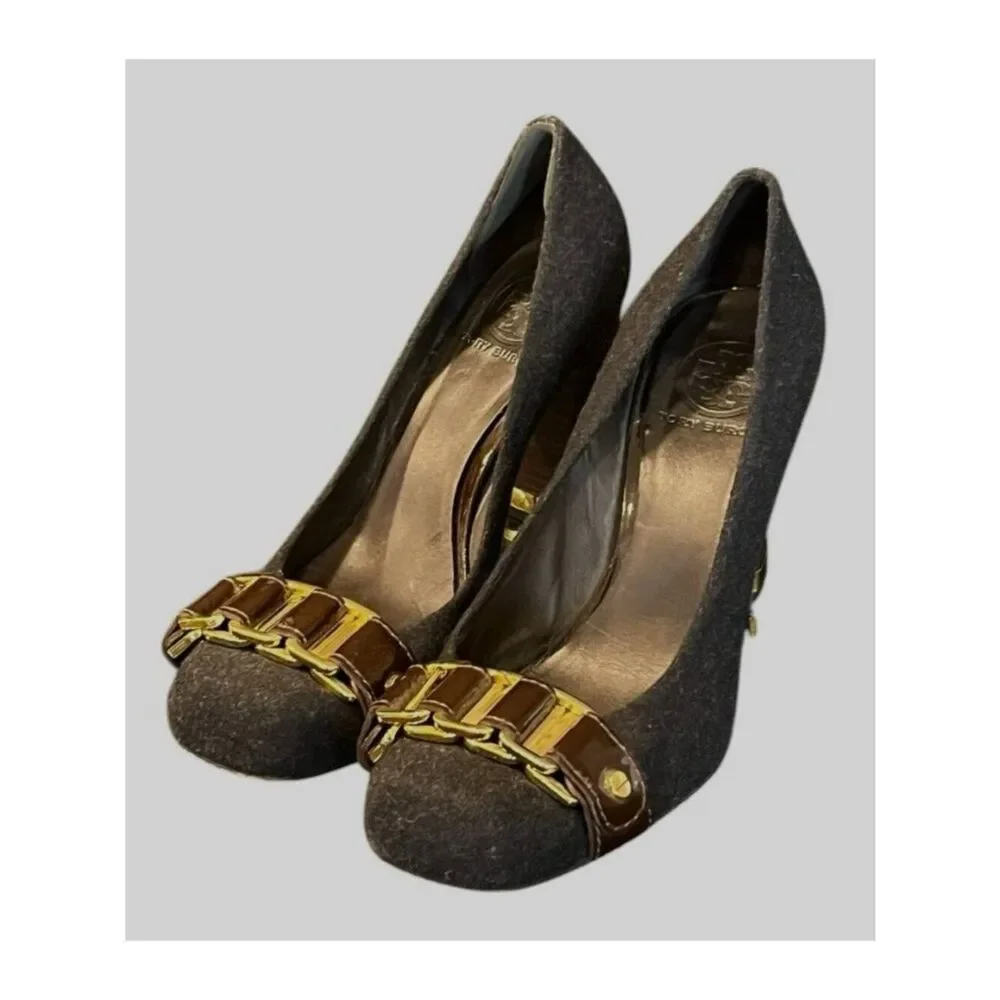 Tory Burch Size 7 M Black Flannel Stacked Heels Chain Link Pumps Shoes MSRP $298